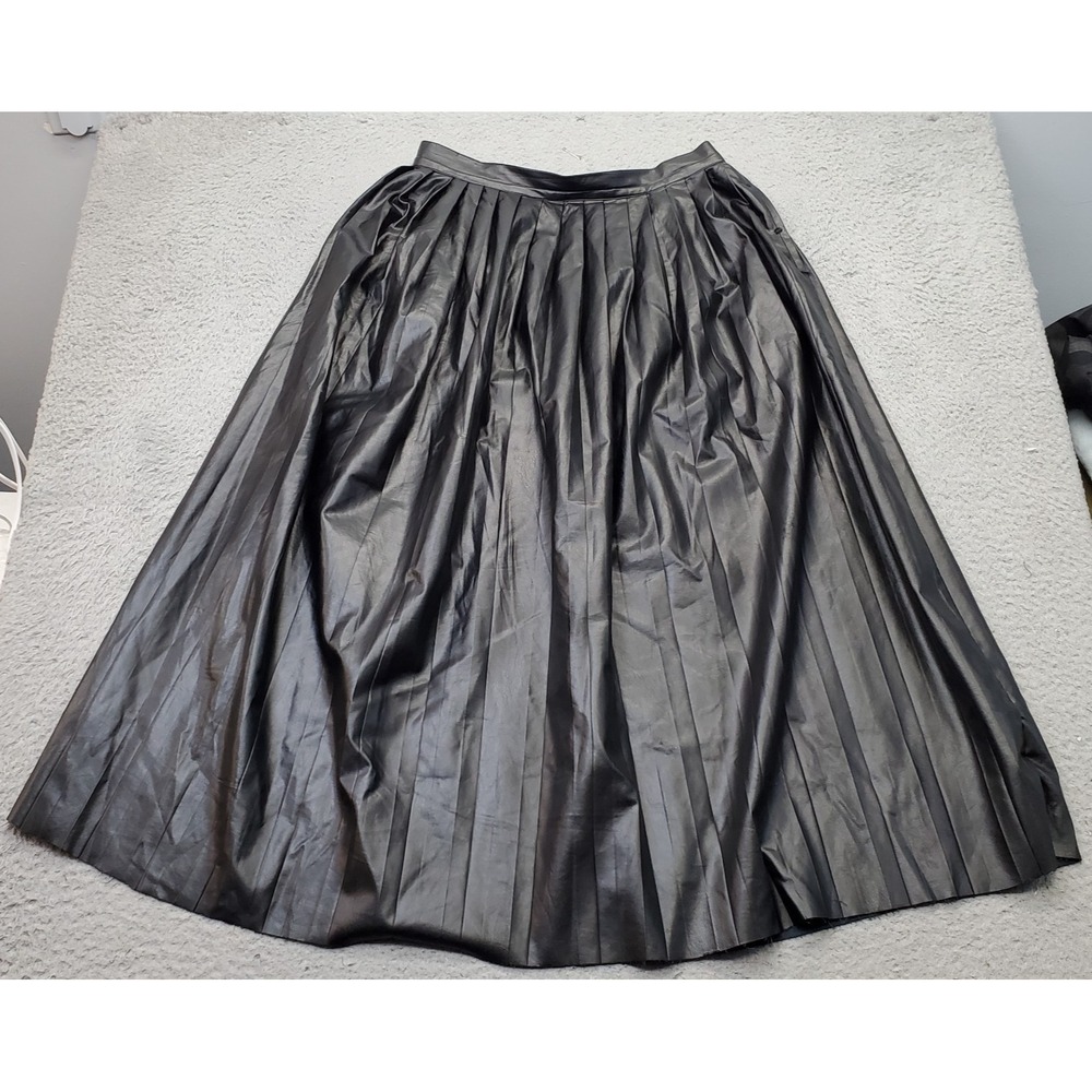 Alpha Studio Faux Leather A-Line Skirt Women 42 Black Pleated High-Waist Pull-On